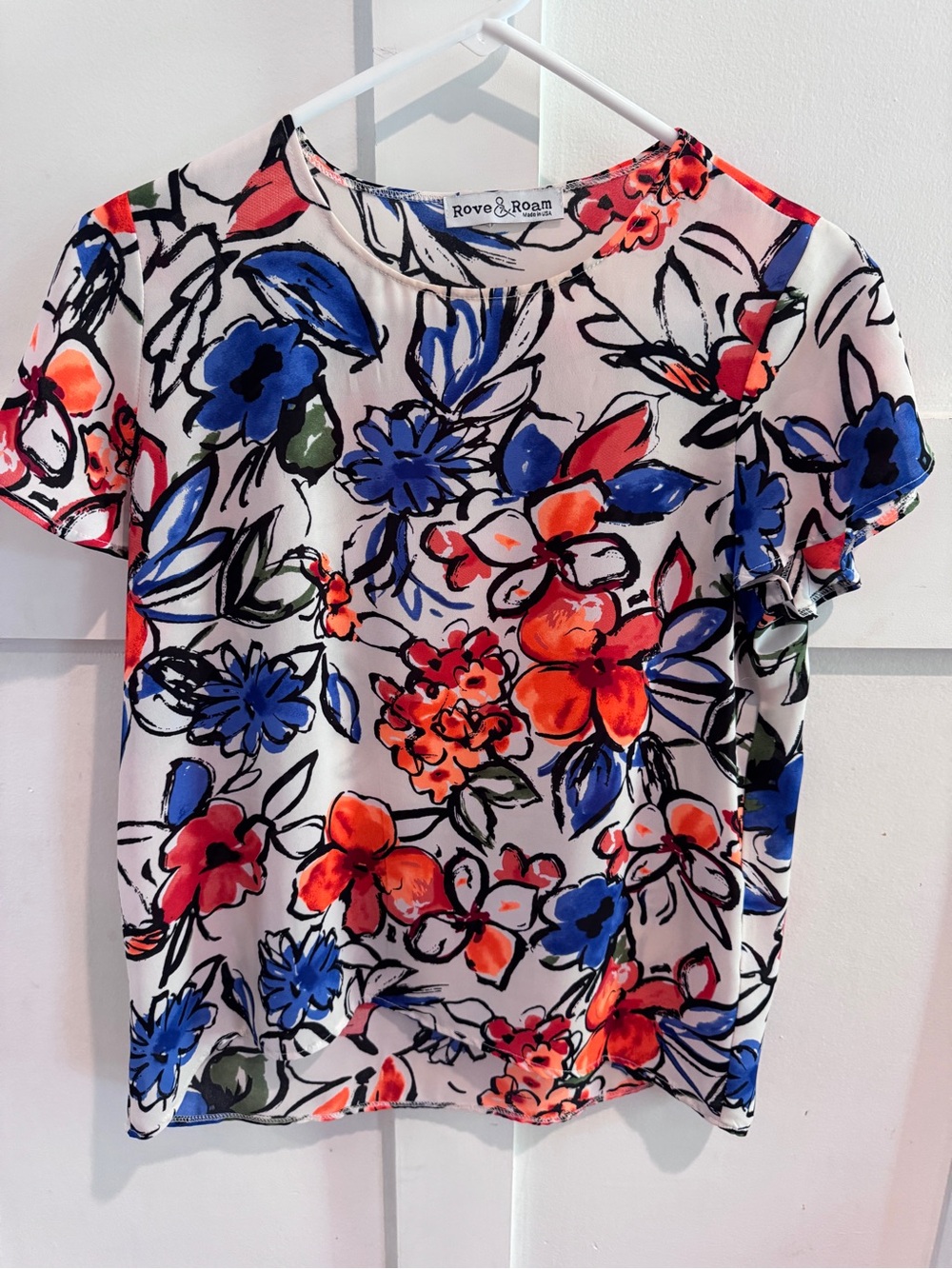 Floral Short Sleeve Top - White with Blue & Red Floral Print